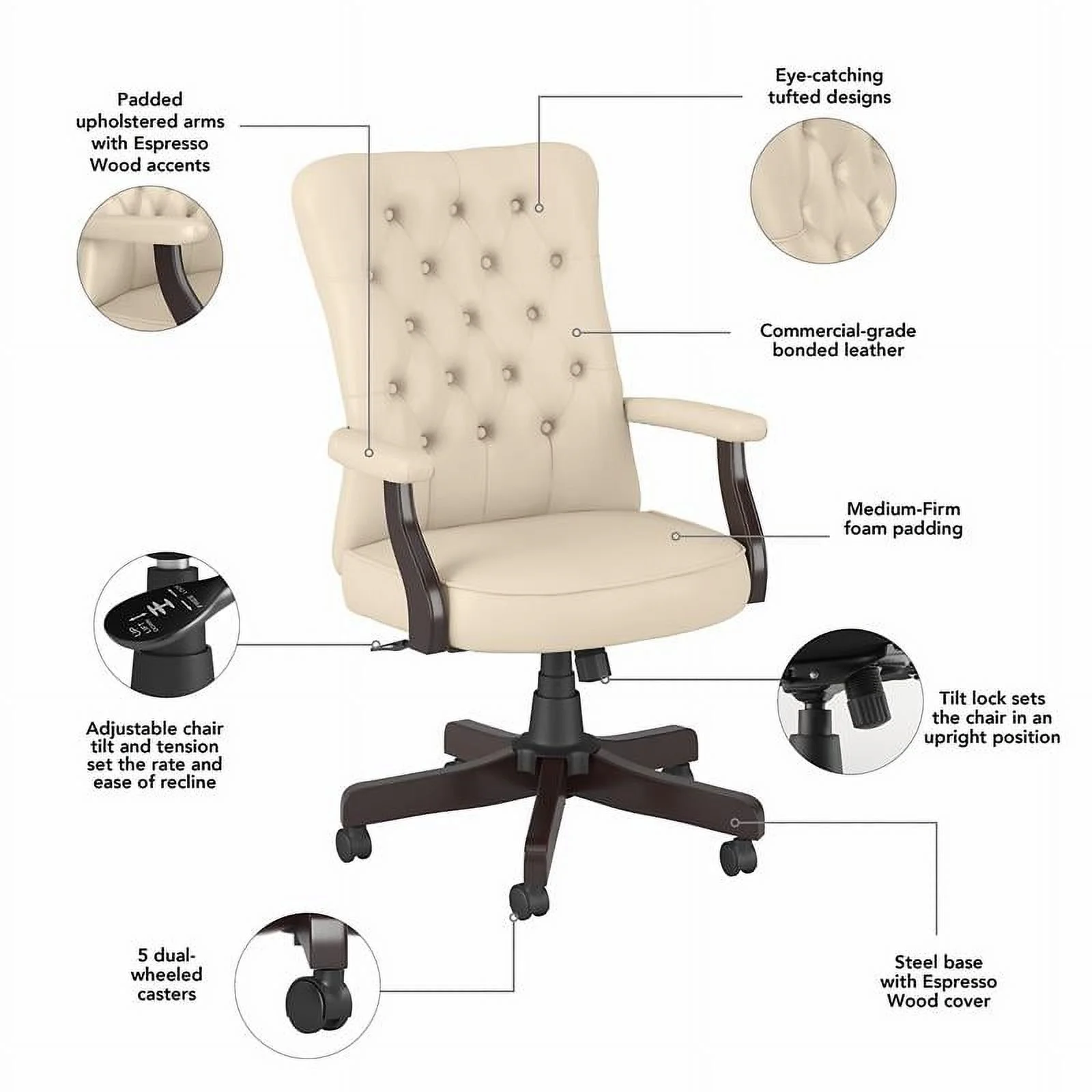 Pemberly Row High Back Faux Leather Office Chair with Arms in Antique White