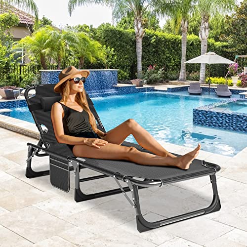 Portable Folding Camping Cot, Adjustable 4-Position Adults Reclining Chaise with Pillow, Outdoor Lounge Chair Sleeping Cots Bed, Perfect for Camping, Pool, Beach, Patio