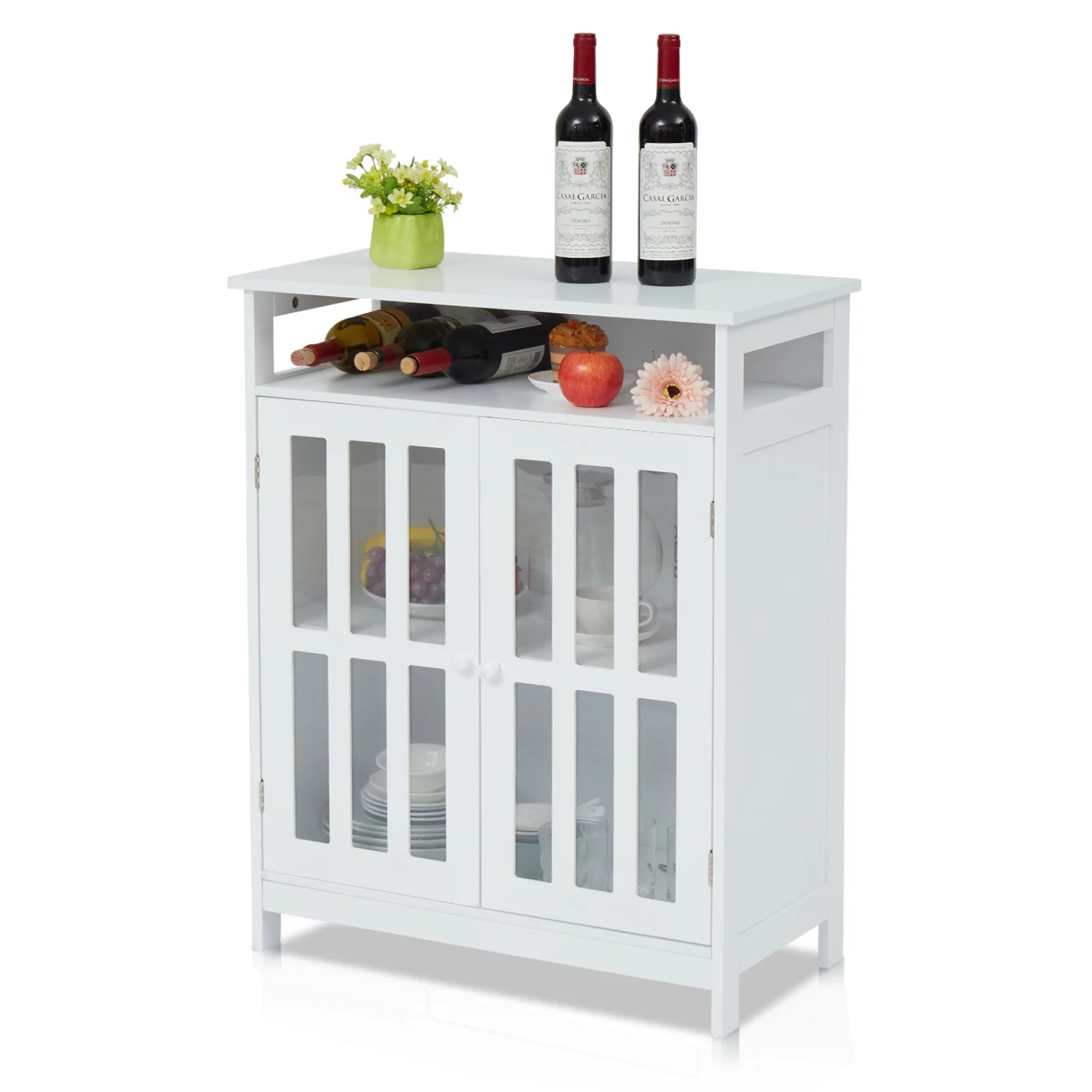 Kinbor Sideboard Cabinet - Wooden Storage Cabinet Buffet Table with Open Shelf 2 Doors for Kitchen White
