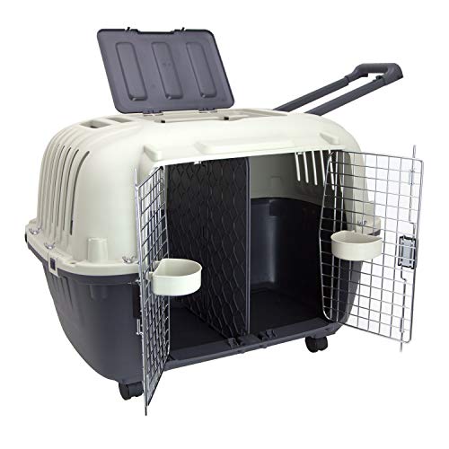 SportPet Designs Plastic Kennels Rolling Plastic Wire Door Travel Dog Crate- Large Kennel, Gray