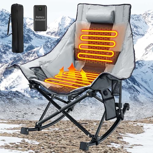 Heated Camping Chair Oversize, XL Heated Rocking Chair with 3 Levels for Back and Seat, Portable Outdoor Heated Folding Chair, Heavy Lawn Chair for Camping