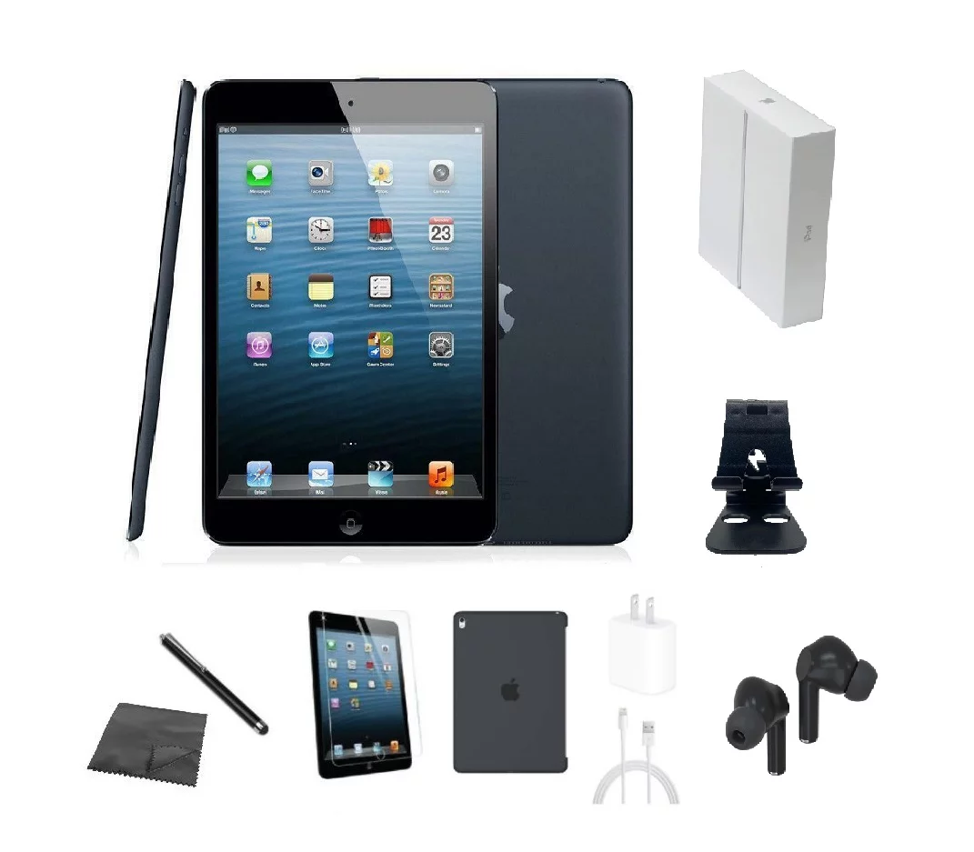 Pre-Owned Apple iPad Mini (1st Gen) A1432 (WiFi) 16GB Space Gray Bundle w/ Case, Box, Bluetooth Earbuds, Tempered Glass, Stylus, Stand, Charger (Good)