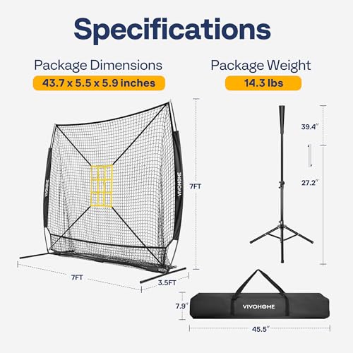 VIVOHOME Baseball Softball Hitting Net with Large Ball Collection System, 7 x 7 ft Baseball Batting Pitching Net with Tee, 2 Strike Zone, Carry Bag