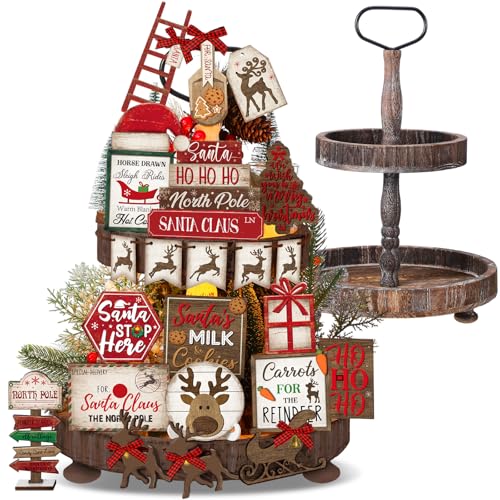Nuogo 24 Pcs Christmas Tiered Tray Decorations Set and 2 Tiered Tray Stand With Handle - Winter Table Tabletop Snowman Decor for Home Farmhouse Hot Cocoa