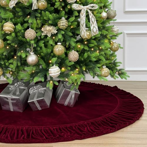 60-Inch Ruffled Velvet Christmas Tree Skirt with Foam Padding, Nylon Backing and Lace-Up Tie Closure, Burgundy