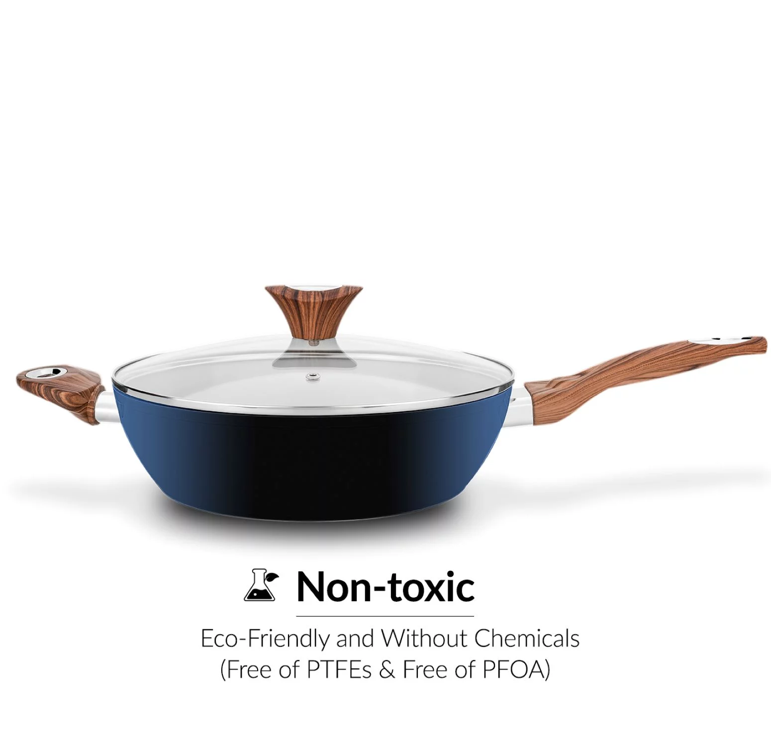 Phantom Chef 11 inch Deep Fry Pan With Lid - Non Stick - Wood Handle and Aluminum Body - Navy