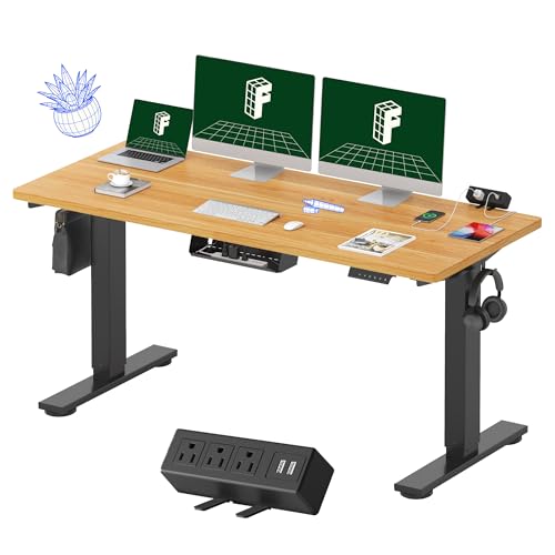 FLEXISPOT EN2 Whole-Piece Standing Desk with Clamp Power Strip, 55 x 28” Electric Stand Up Height Adjustable Desk with Cable Management (Black Frame + 55