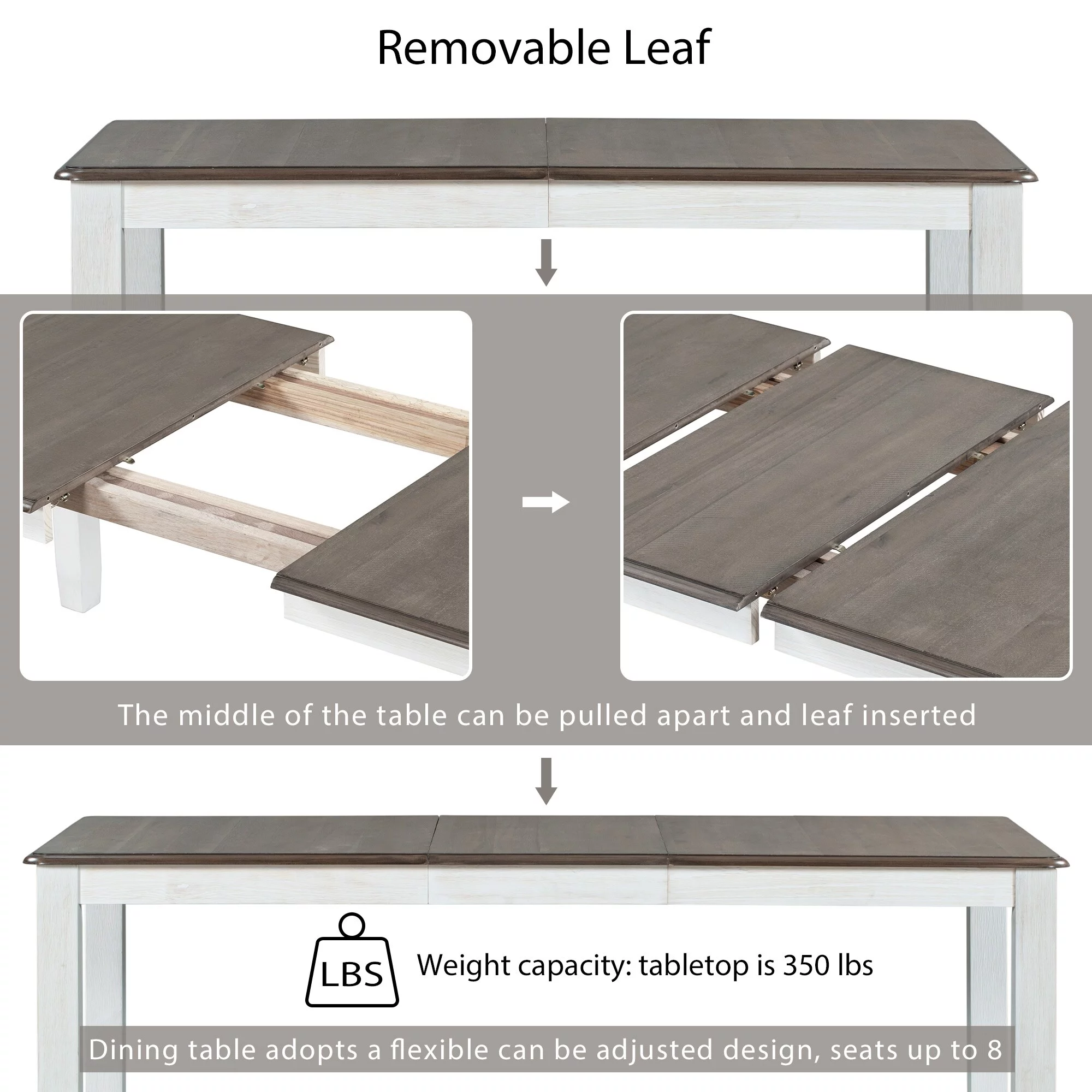 Retro Style 7-piece Wooden Dining Table Set with Extendable Table & 6 High Back Upholstered Chairs, Removable Leaf (Brown+White) Brown+White
