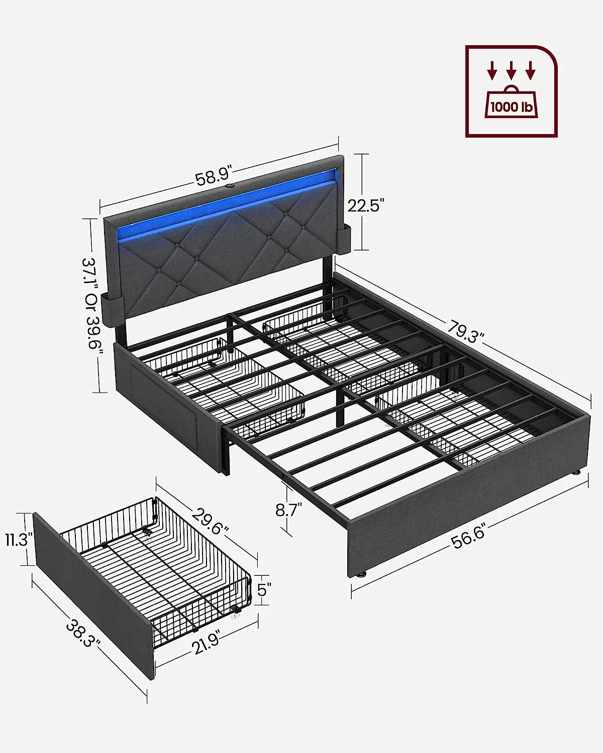 VASAGLE Full Size LED Bed Frame with Headboard and 4 Drawers Storage Adjustable Upholstered Headboard 1 USB Port and 1 Type C PortNo Box Spring Needed Gray