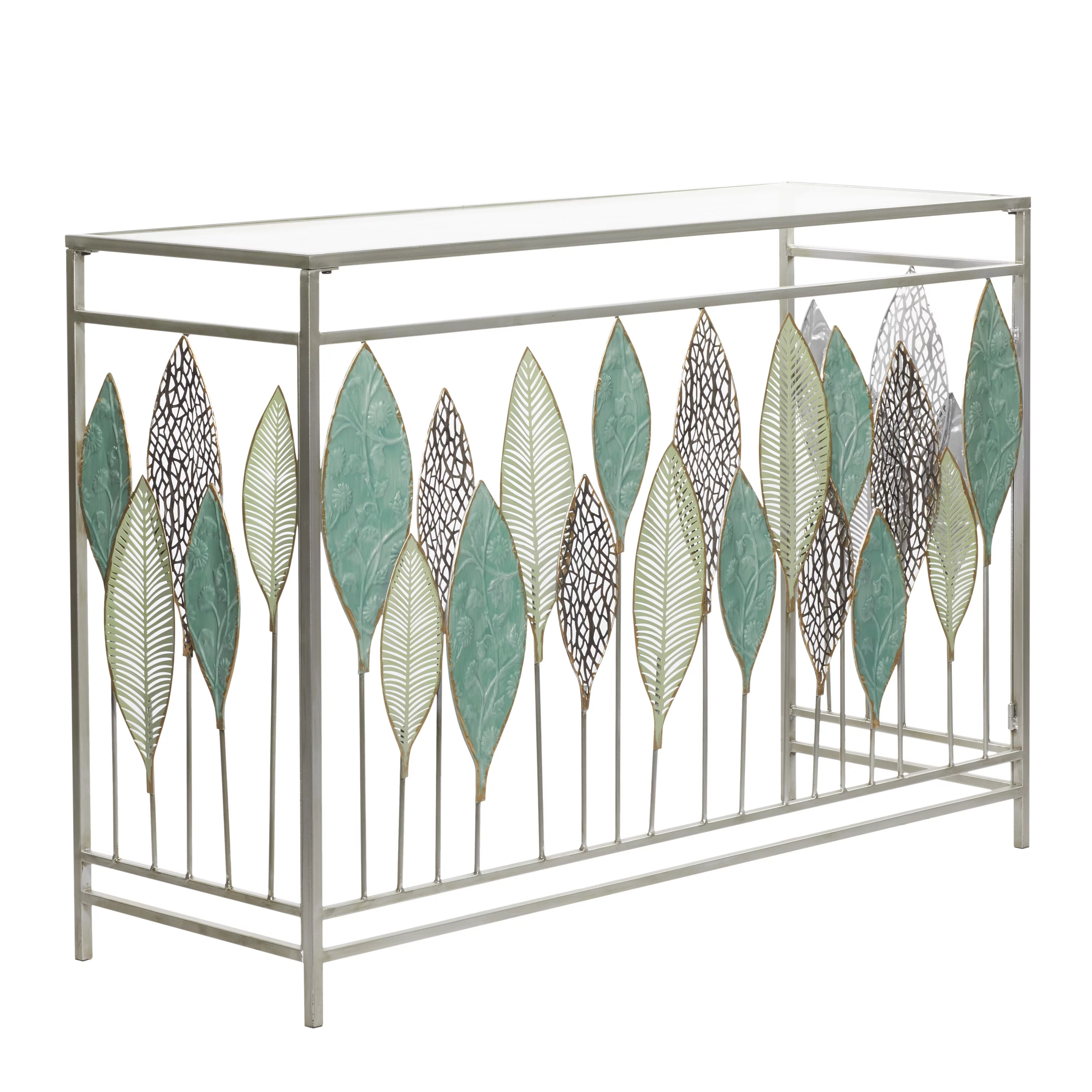 DecMode Silver Contemporary Rectangular Metal Console Table with Green Leaves Sculpture, 44