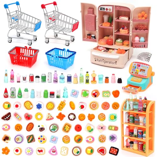 138 PCs Mini Shopping Cart Basket Miniature Food Drink Bottle Supermarket Metal Handcart Toy Doll House Store Dollhouse Grocery Trolley Model Dollar Bills Small Shelves Mimi Refrigerator Cash Register