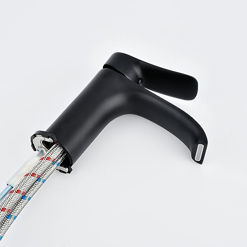 Tall Vessel Sink Faucet Bathroom Waterfall Faucet Brushed Gold Finished Single Handle Matte Black Vanity Bathroom Faucet Basin Mixer Tap with Water Supply Hose and Pop Up Sink Drain