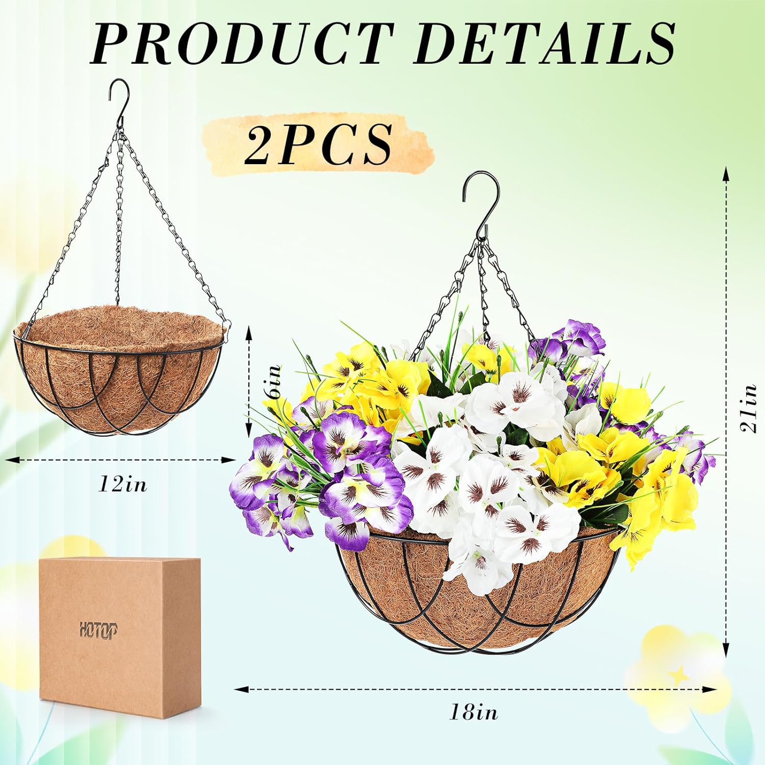 Hotop 2 Pack Artificial Flowers with Hanging Basket, Fake Pansy Flowers Hanging Basket 12 Inch Faux Hanging Plants Coconut Lining Baskets for Summer Garden Home Porch Indoors Outdoors Decoration