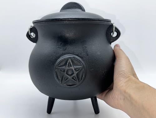 X-Large Pentacle Cast Iron Cauldron with Lid and Handle, 7.5