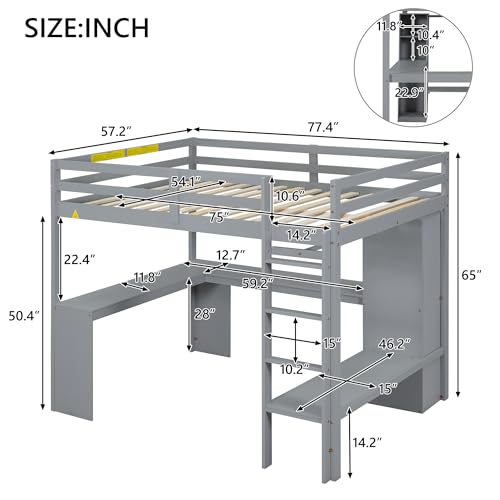 SOFTSEA Full Size Loft Bed with Desk & Wardrobe, Wood Loft Bunk Bed with Storage Shelves and Cabinets, High Loft Bed Frame with Open Wardrobe for Kids Teens Adults, White