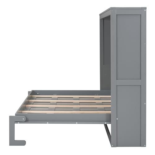 Merax Modern Farmhouse Solid Wood Murphy Cabinet Bed, No Box Spring Needed/Easy Assemble/Queen,Gray