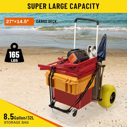 Beach Fishing Cart, 13” Big Balloon Wheels w/Flat-Free Solid PU Tires for Sands, 165LBS Loading Folding Sand Cart & 33.1
