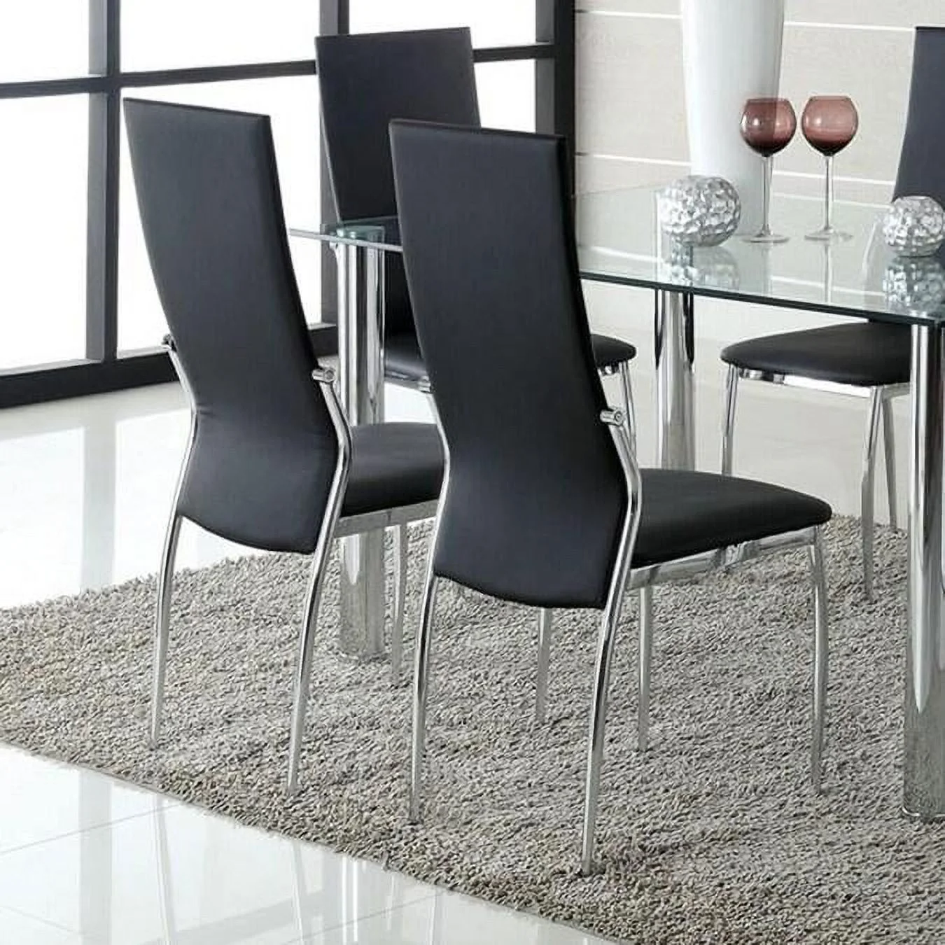 Contemporary Black&Chrome Tempered Glass Dining Room Set 7pcs FOA Kona & Kalawao