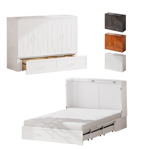 PUREMIND Queen Murphy Bed Cabinet with 2 Storage Drawers, Hideaway Murphy Chest Bed with Mattress, Cabinet Beds Wallbed with USB Charging Station for Bedroom, Guest Room