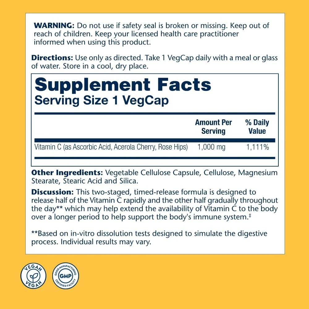 SOLARAY Vitamin C 1000mg Timed Release Capsules with Rose Hips & Acerola Bioflavonoids, Two-Stage for High Absorption & All Day Immune Function Support, 60 Day Guarantee, 100 Servings, 100 VegCaps