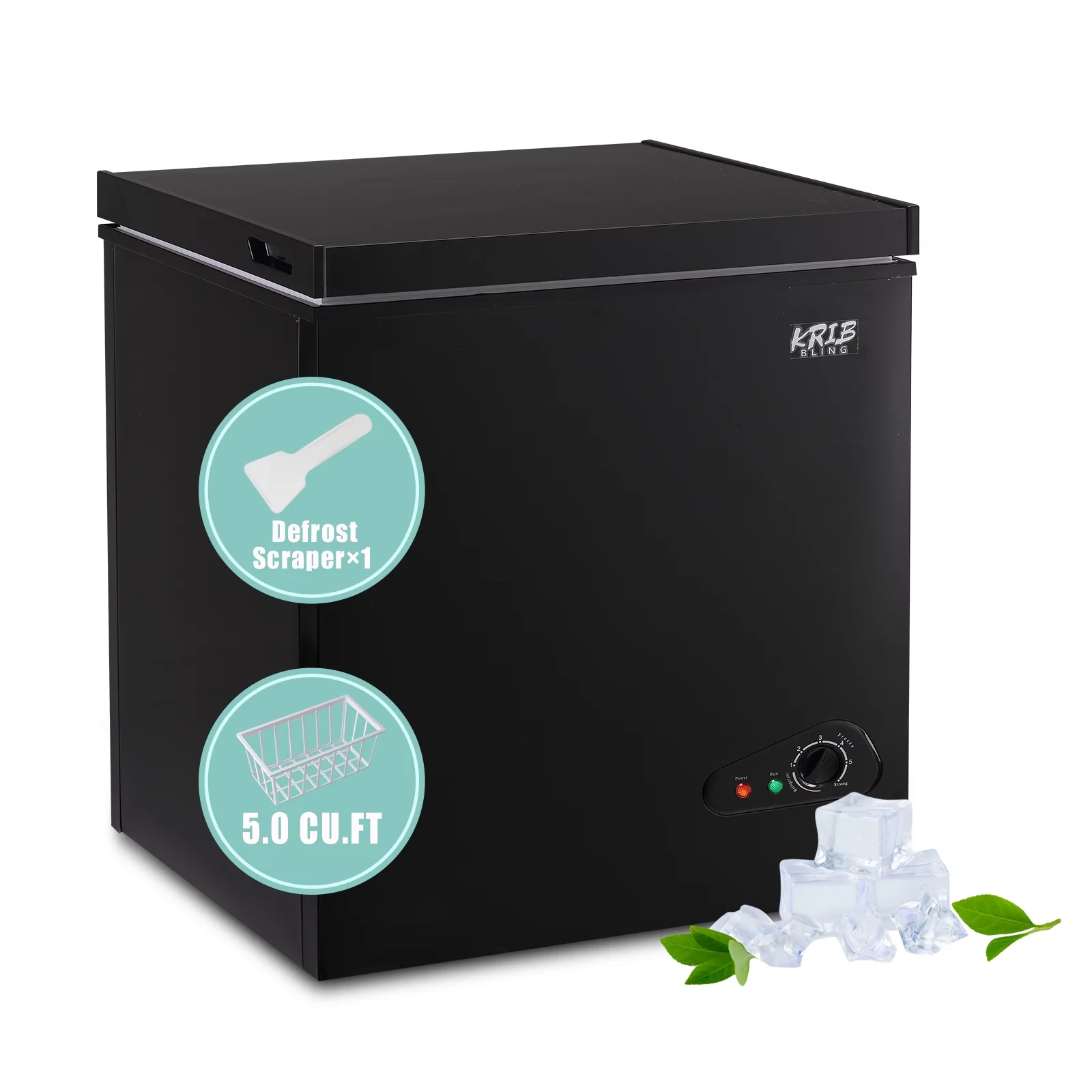 Krib Bling 5.0 Cu.ft Compact Chest Freezer with Removable Basket, Top Door Open Freestanding Deep Freezer with 7 Gears Temperature Adjustment, Ideal for Home, Kitchen & Basement, Black