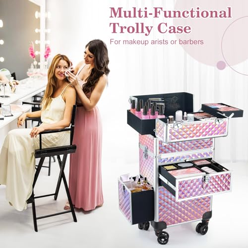 Professional Rolling Makeup Train Case, Multi-functional Cosmetic Trolley with 360° Swivel Wheels Keys, Large Storage Traveling Cart Trunk, Cosmetic Train Cases for Nail Technicians Hairstylist
