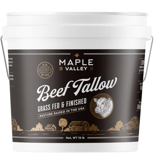 Beef Tallow for Cooking | Pasture Raised Grass Fed Bulk Beef Tallow | Paleo & Keto Friendly, 100% Grass Fed & Finished Beef Fat | The Maple Valley, 15 lbs