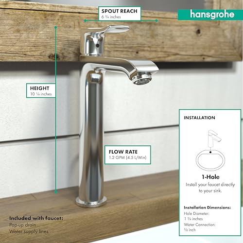 hansgrohe Metris Modern Timeless Easy Clean 1 1-Hole Bathroom Sink Faucet in Brushed Nickel, 31183821