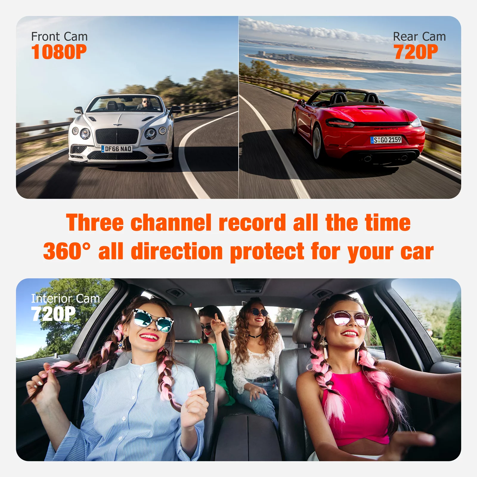 TOGUARD 3 Channel 1080P Dash Cam , 1080P+720P+720P Way Triple Car Camera,IR Night Vision, 24 Hour Parking Mode,with 64GB SD Card