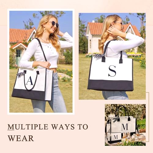 BeeGreen Mother's Day Gifts Personalized Women's Large White and Black Canvas Tote Bag, Embroidered Initials, Leather Handle, Zipper Closure