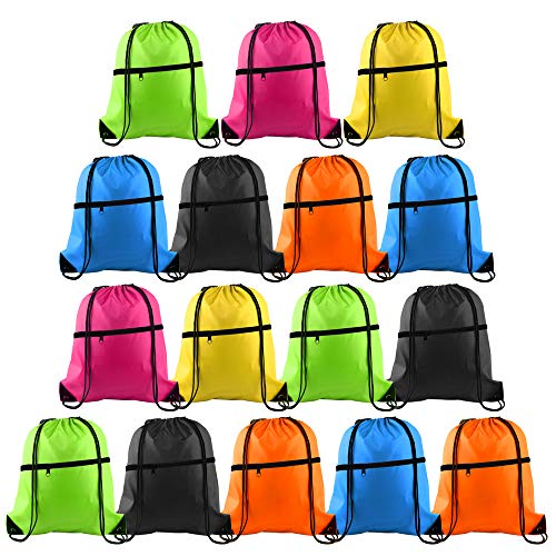 KUUQA 12Pcs Drawstring Backpack Bags Bulk with Zipper Pocket and Headphone Hole（Black）