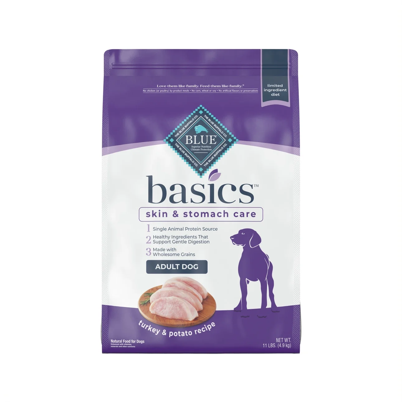 Blue Buffalo Basics Skin & Stomach Care Turkey and Potato Dry Dog Food for Adult Dogs, Whole Grain, 11 lb. Bag