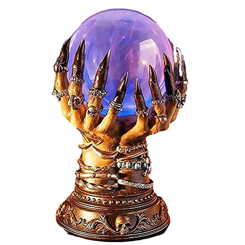 Plasma Ball - Plasma Ball Lamp with Base, Halloween Crystal Ball in Witch Hand Deluxe Celestial Crystal Ball Flashing Crystal Ball for Home Party Halloween Decorations (A)