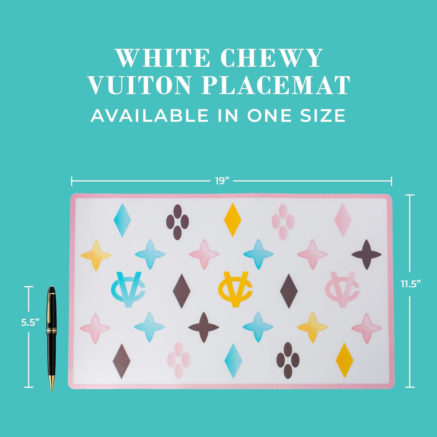 White Chewy Vuiton Dog Bowls & Placemat, BPA-Free Food & Water Bowls, Non-Skid, Dishwasher Safe, Includes Food Mat, Small Size, Case of 2