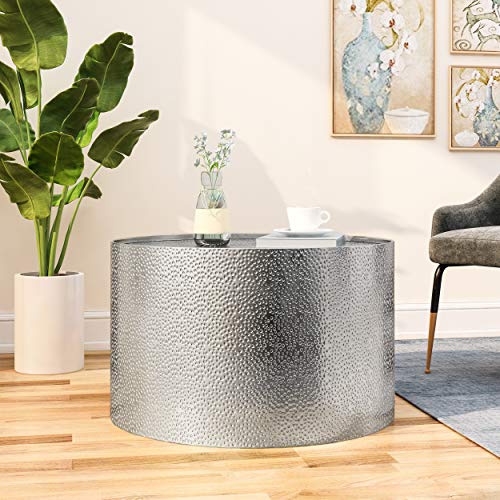 Christopher Knight Home Rache Modern Round Coffee Table with Hammered Iron, Silver, 26. 00” L x 26. 00” W x 17. 00” H & Rache Modern Round Accent Table with Hammered Iron, Silver