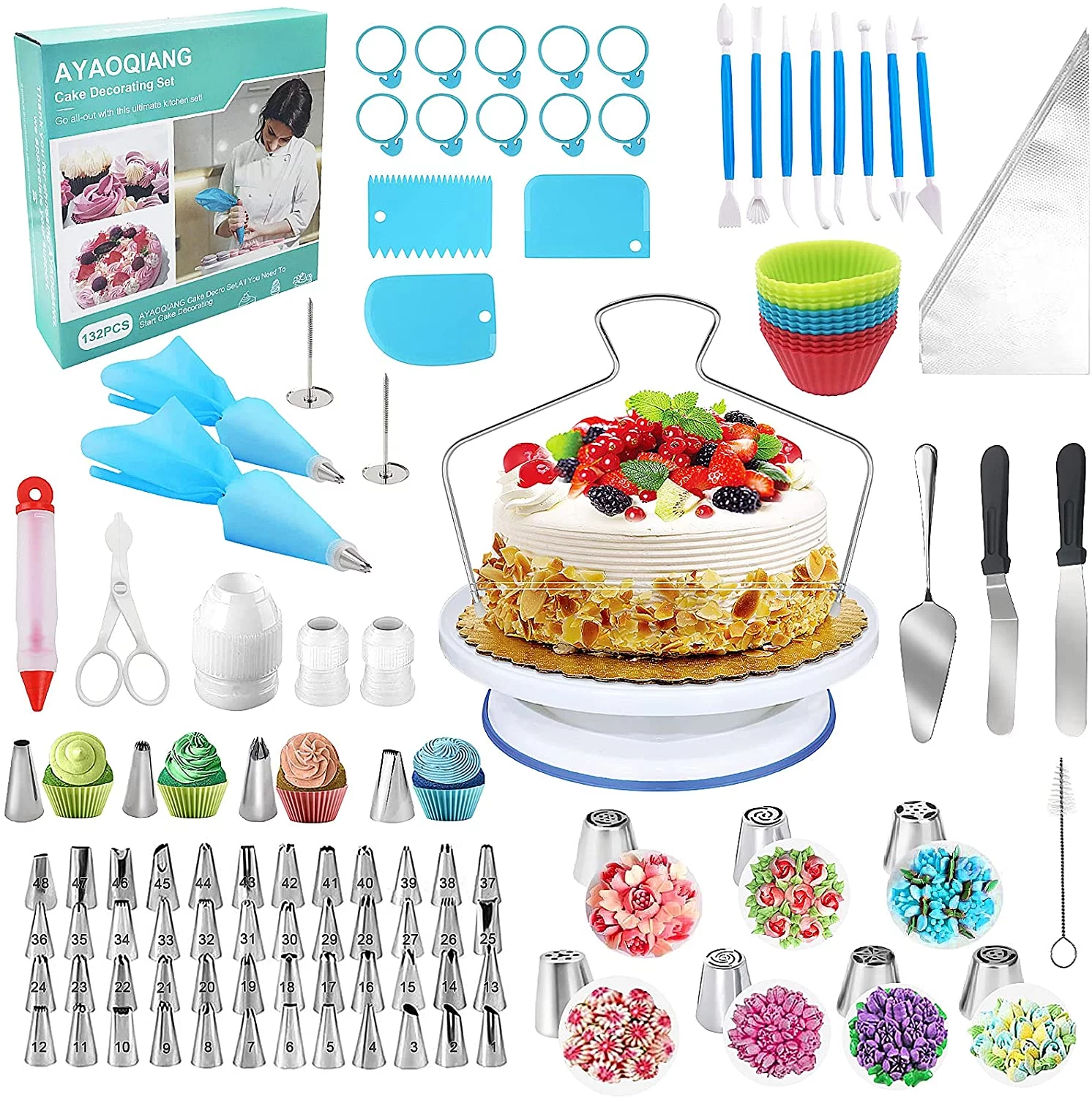Cake Decorating Kit,132Pcs Cake Decorating Tools with Cake Turntable Stand Icing Piping Bags and Tips Set Baking Supplies Set for Beginner and Cake-Lover