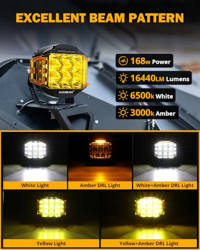 Auxbeam V-MAX Series 72W LED Pod Driving Lights, 4x2.5 Inch Rectangle Side Shooter Offroad Cube Spotlights with Amber DRL, 270° Combo Beam 6 Modes White/Amber/Yellow Auxiliary Lights with Covers