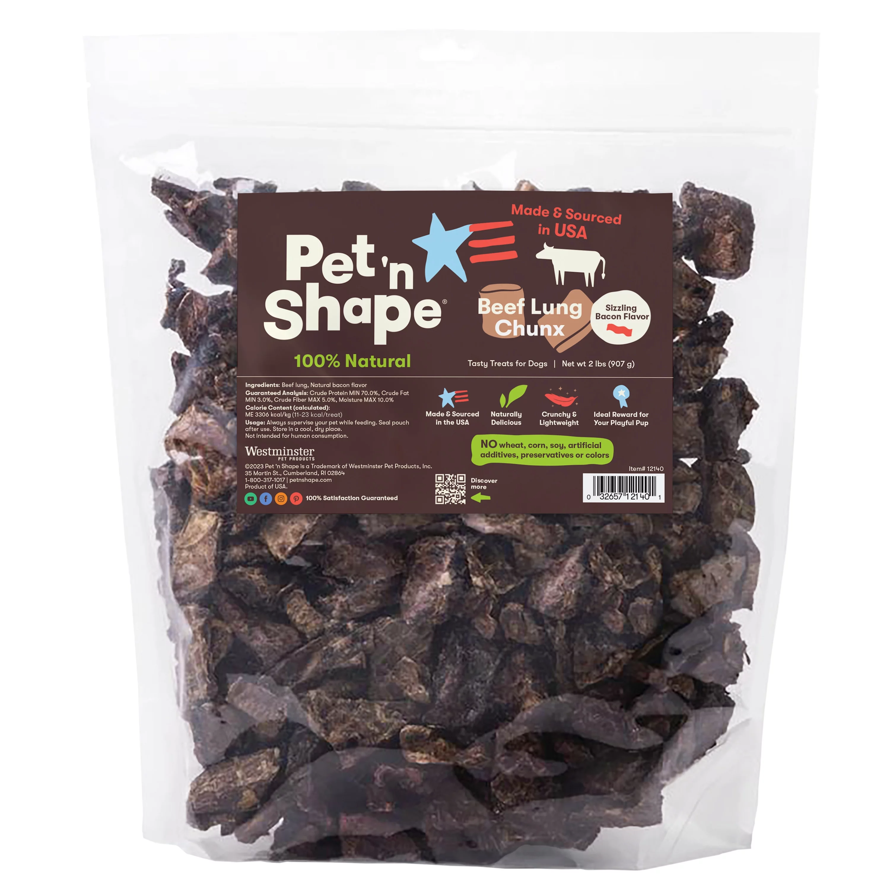 Pet 'n Shape Natural Beef Lung Chunx Dog Treats - Sizzling Bacon Flavor — Healthy Dog Treats