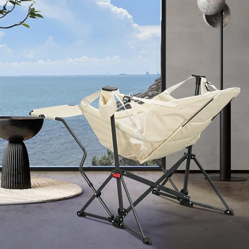 Ainfox Hammock Camping Chair with Footrest, Foldable Portable Rocking Chairs for Adults Outside Swinging Camp with Cup Holder Pillow for Outdoor Patio Poolside (Grey)