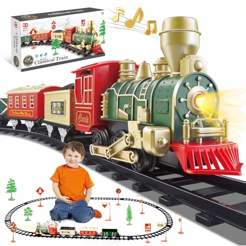JUQU Christmas Train Set for Kids Ages 3-8 – Battery Operated Toy Train with Lights, Sounds, 3 Cars & 10 Tracks, Classic Christmas Tree Train Set for Under or Around Tree Gift