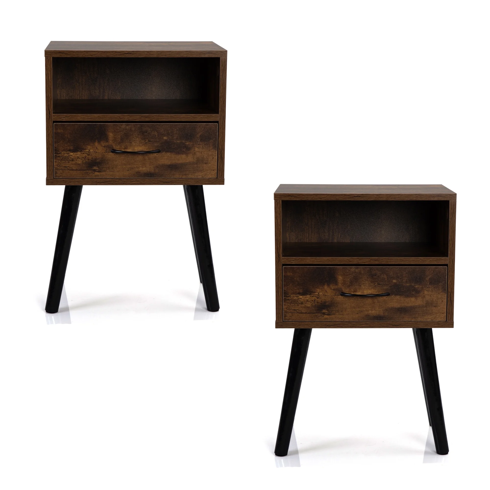 Modern End Table for Living Room, Side Table for Small Space, Small Storage Cabinet with Drawers, Simple Nightstand Set of 2 for Bedroom, Solid Wood Nightstands with Shelf, Rustic Brown, D8615