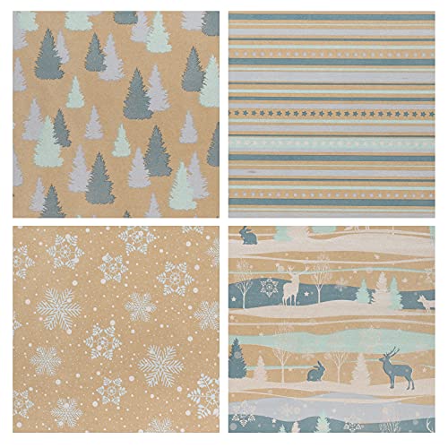 RUSPEPA Christmas Kraft Wrapping Paper - Owl, Reindeer, Christmas Ball and Text Design - 4 Rolls - 30 inches x 10 feet per Roll