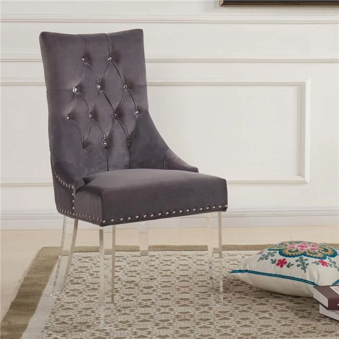 Gobi ModernContemporary Tufted Dining Chair in Gray Velvet with Acrylic Legs