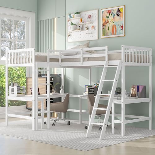 L-Shaped Loft Bed, Wood Twin Size Loft Bed with Desk, L Shaped Beds with Ladder & 2 L-Shaped Desks, Corner Twin Beds for Teens, Adults, Double Bedframe, No Box Spring Needed, White