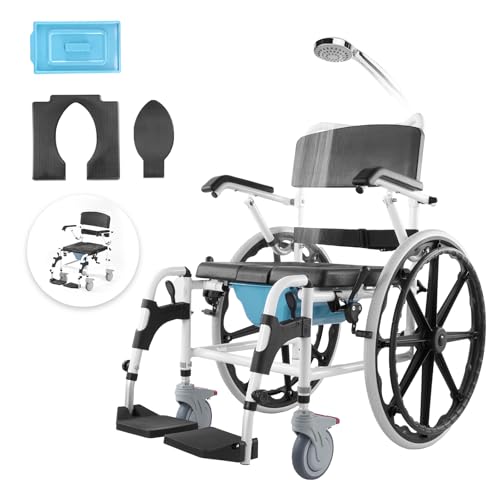 VEVOR Shower Wheelchair, 17.5in Width Aluminum Alloy Bathroom Wheelchair for Inside Shower, Adjustable Rolling Shower Chair w/Brake for Disabled Adult, 300 lbs Capacity Shower Transport Chair