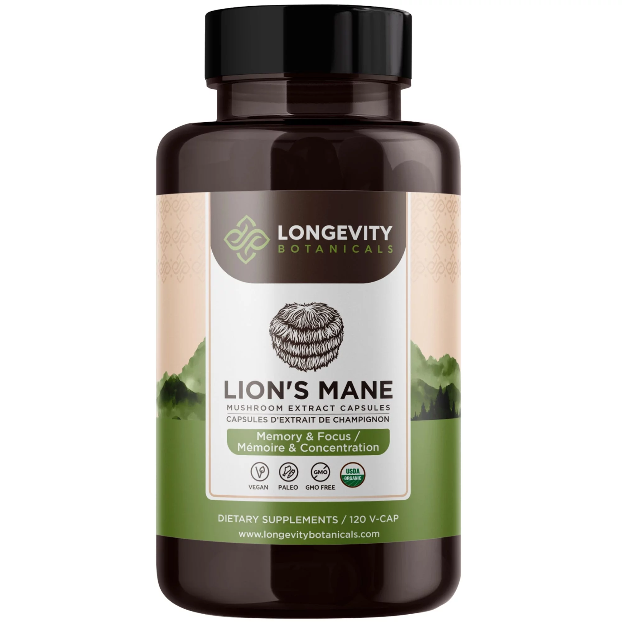 Longevity Botanicals Organic Lion’s Mane Mushroom Supplement Capsules (120 Count), Brain Health and Mental Performance, Gluten Free