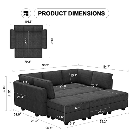 Belffin Terry Fabric Modular Sectional Sleeper Sofa Bed with Storage Convertible Sectional Couches for Living Room 6 Seaters Light Grey Modular Sofa