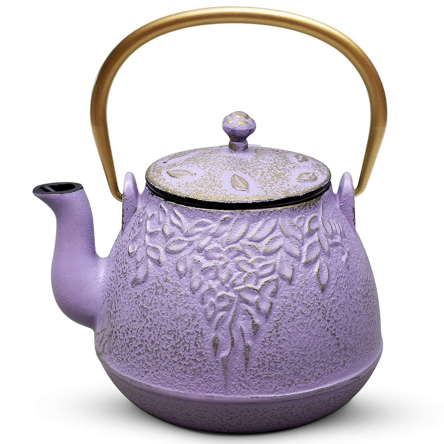 Teapot, Toptier Japanese Cast Iron Tea Kettle with Stainless Steel Infuser, Cast Iron Teapot Stovetop Safe, Leaf Design Teapot C