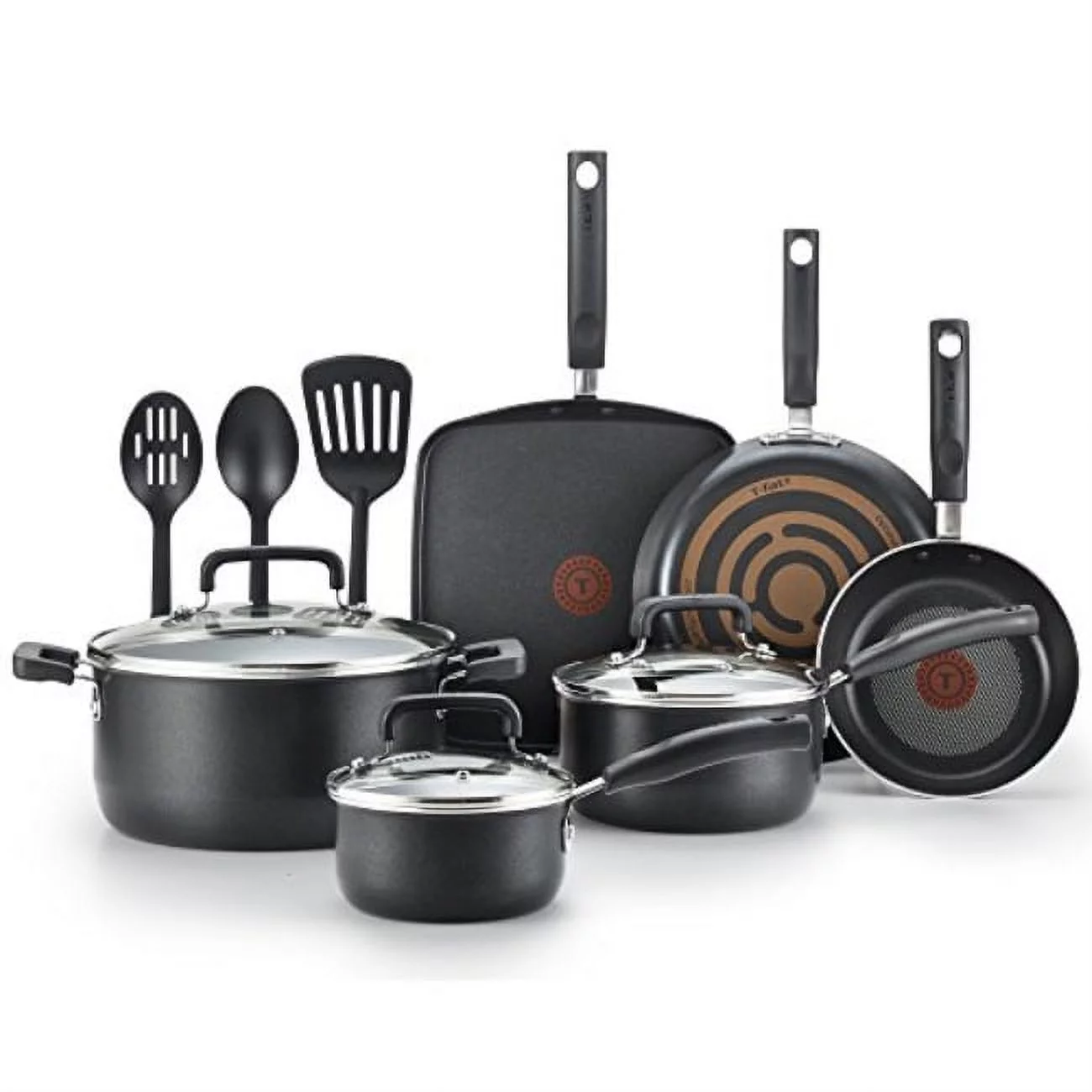 t-fal c530sc signature nonstick dishwasher safe cookware set, nonstick pots and pans set, thermo-spot heat indicator, 12 piece, black