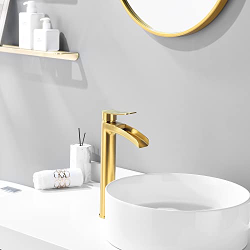 Phiestina Brushed Gold Tall Bathroom Vessel Sink Faucet, Single Hole Single Handle Waterfall Modern Bathroom Faucet, with Pop Up Drain and Water Supply Line, NS-SF01-BG-V